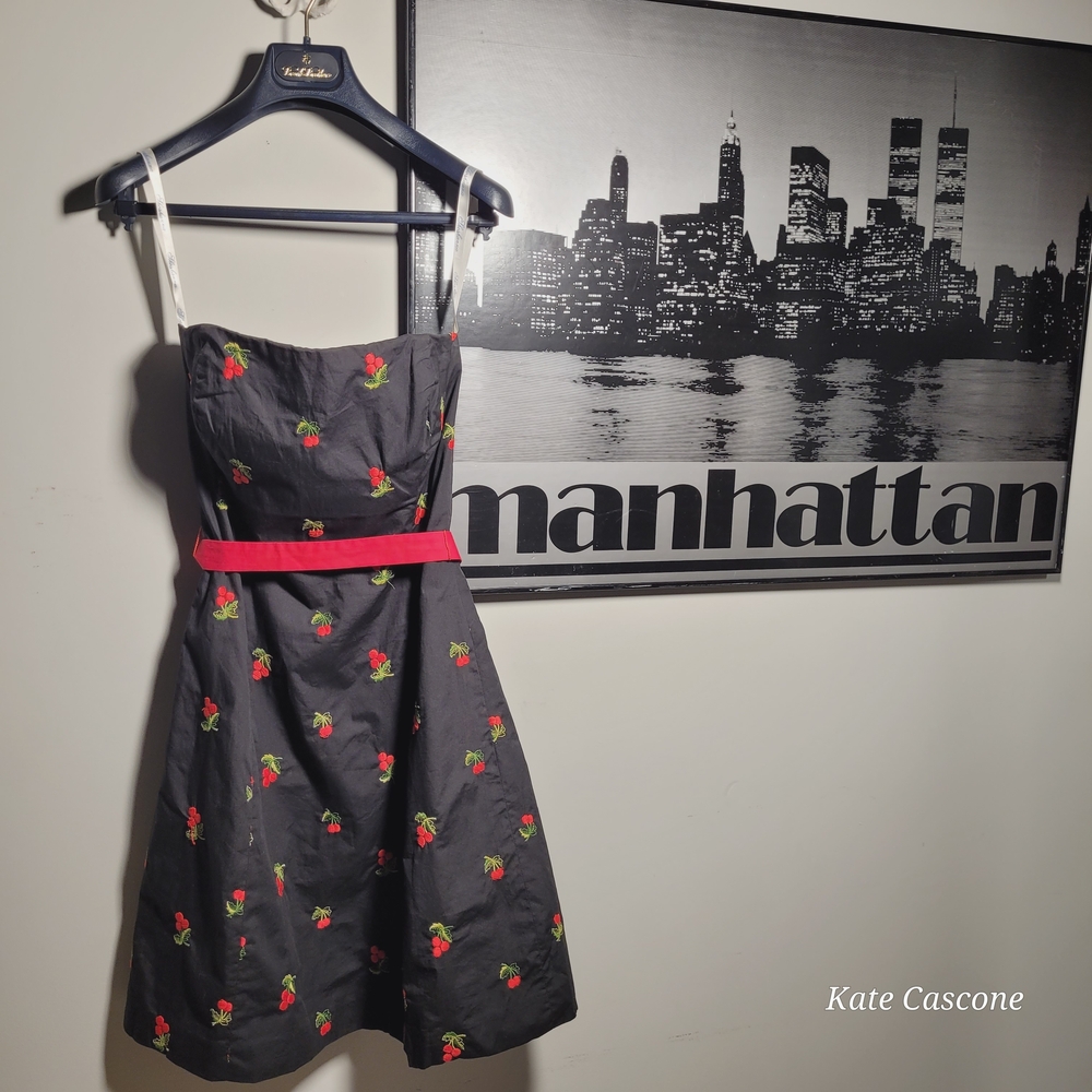 Shoshanna Black Party Dress with Embroidered Red Cherries and Green Leaf Accents